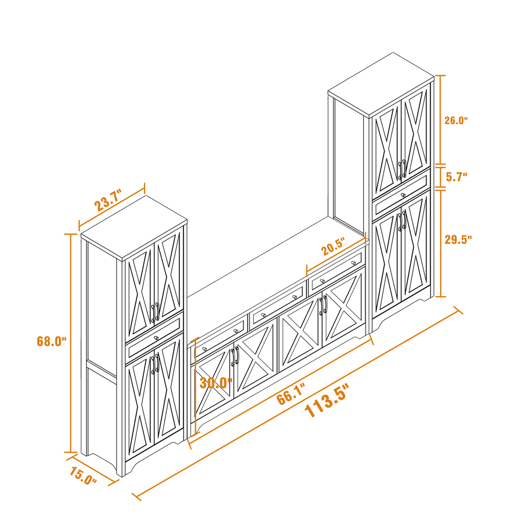 TV Cabinet Set Multifunctional TV Wall, One TV Cabinet and Two Sideboards for Living Room, White, 113.5''L x 15''W x 68''H.