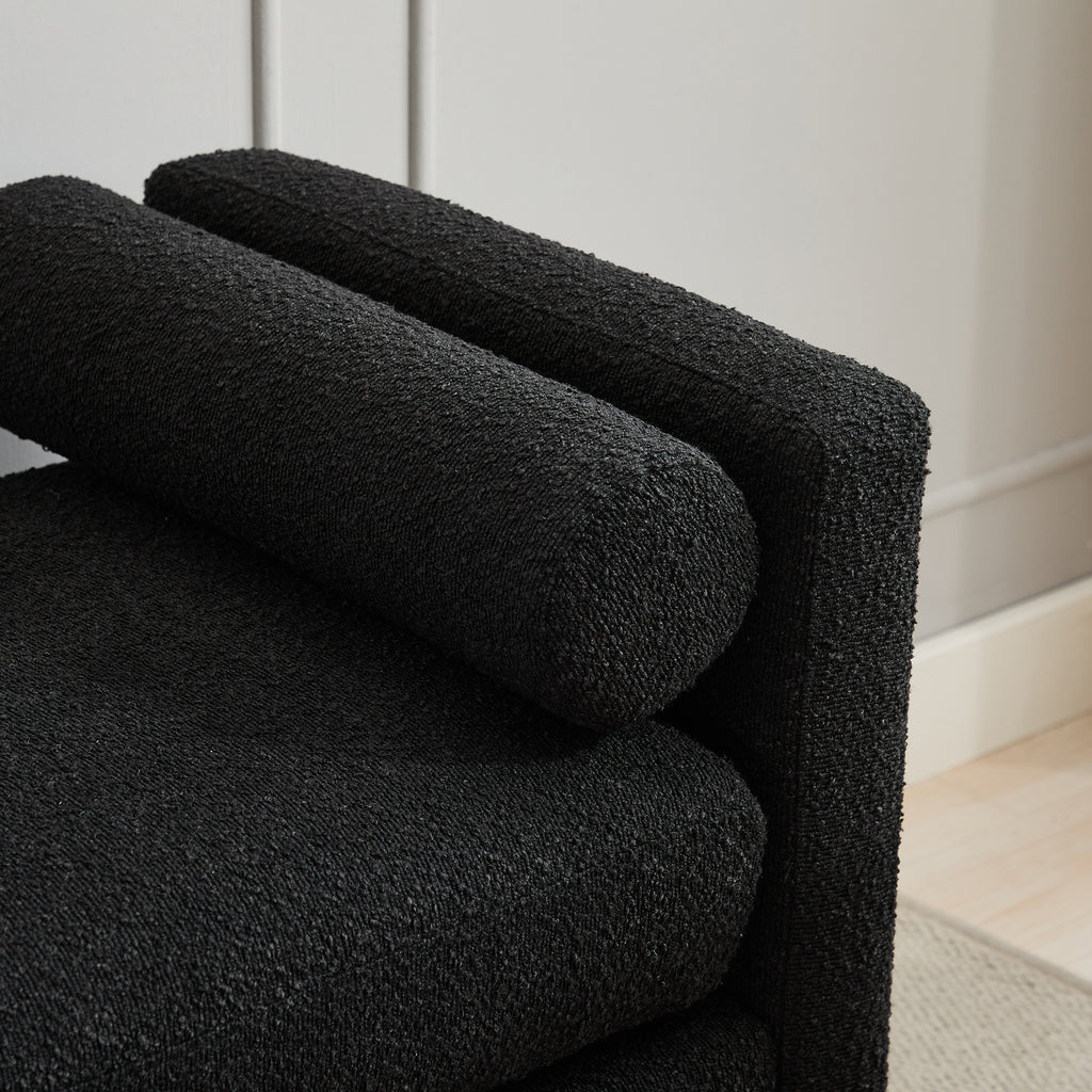 66.34"W Elegant Upholstered Bench,Daybed, Ottoman with Nature Wood Legs & 2 Bolster Pillows for End of Bed, Bedroom, Living Room, Entryway,Black Boucle