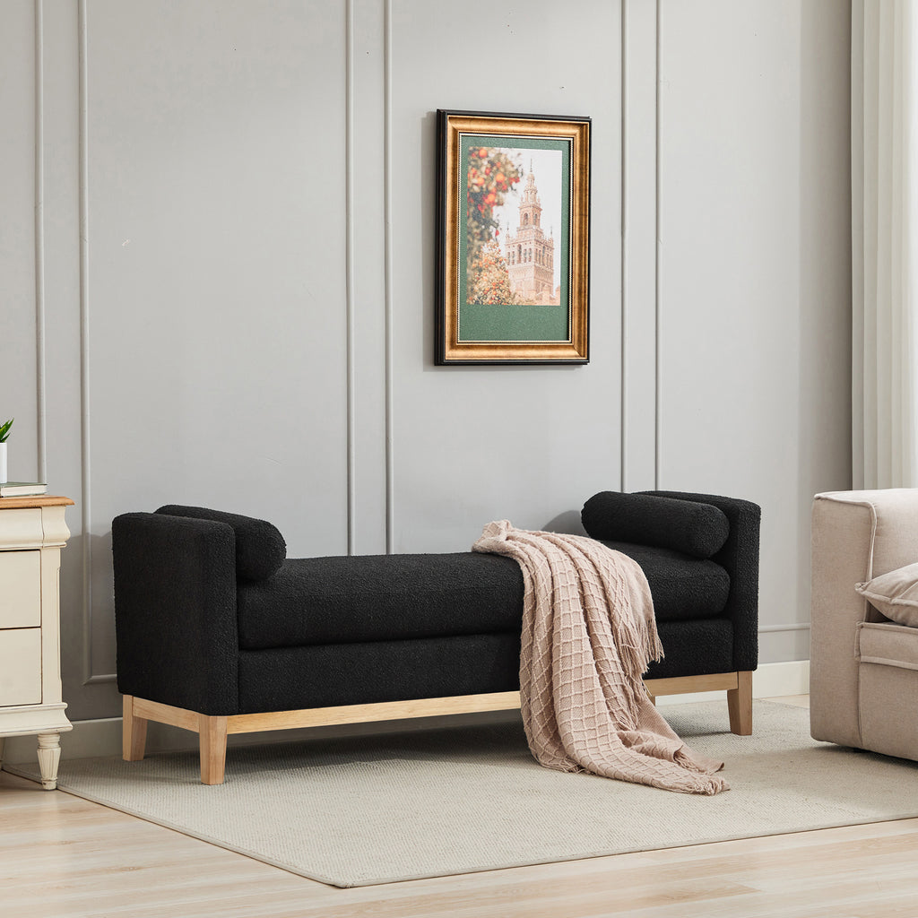 66.34"W Elegant Upholstered Bench,Daybed, Ottoman with Nature Wood Legs & 2 Bolster Pillows for End of Bed, Bedroom, Living Room, Entryway,Black Boucle