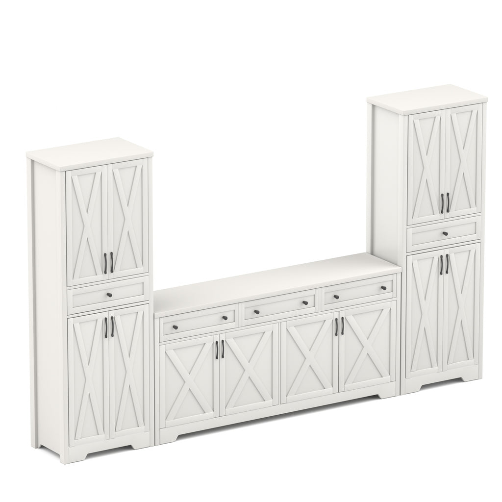 TV Cabinet Set Multifunctional TV Wall, One TV Cabinet and Two Sideboards for Living Room, White, 113.5''L x 15''W x 68''H.