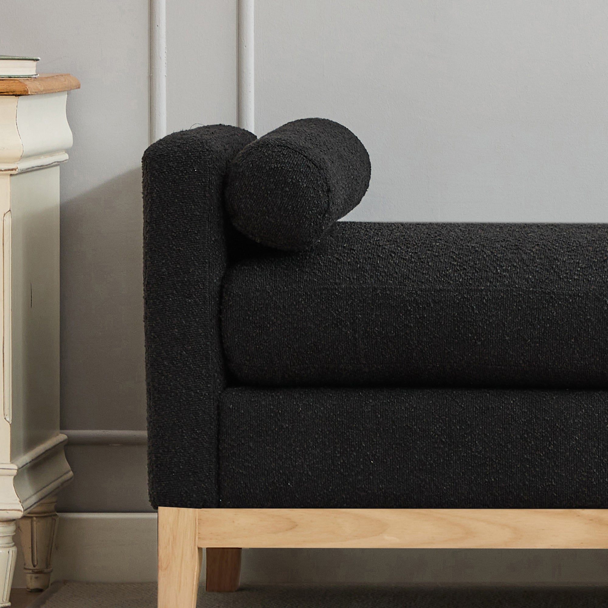 66.34"W Elegant Upholstered Bench,Daybed, Ottoman with Nature Wood Legs & 2 Bolster Pillows for End of Bed, Bedroom, Living Room, Entryway,Black Boucle